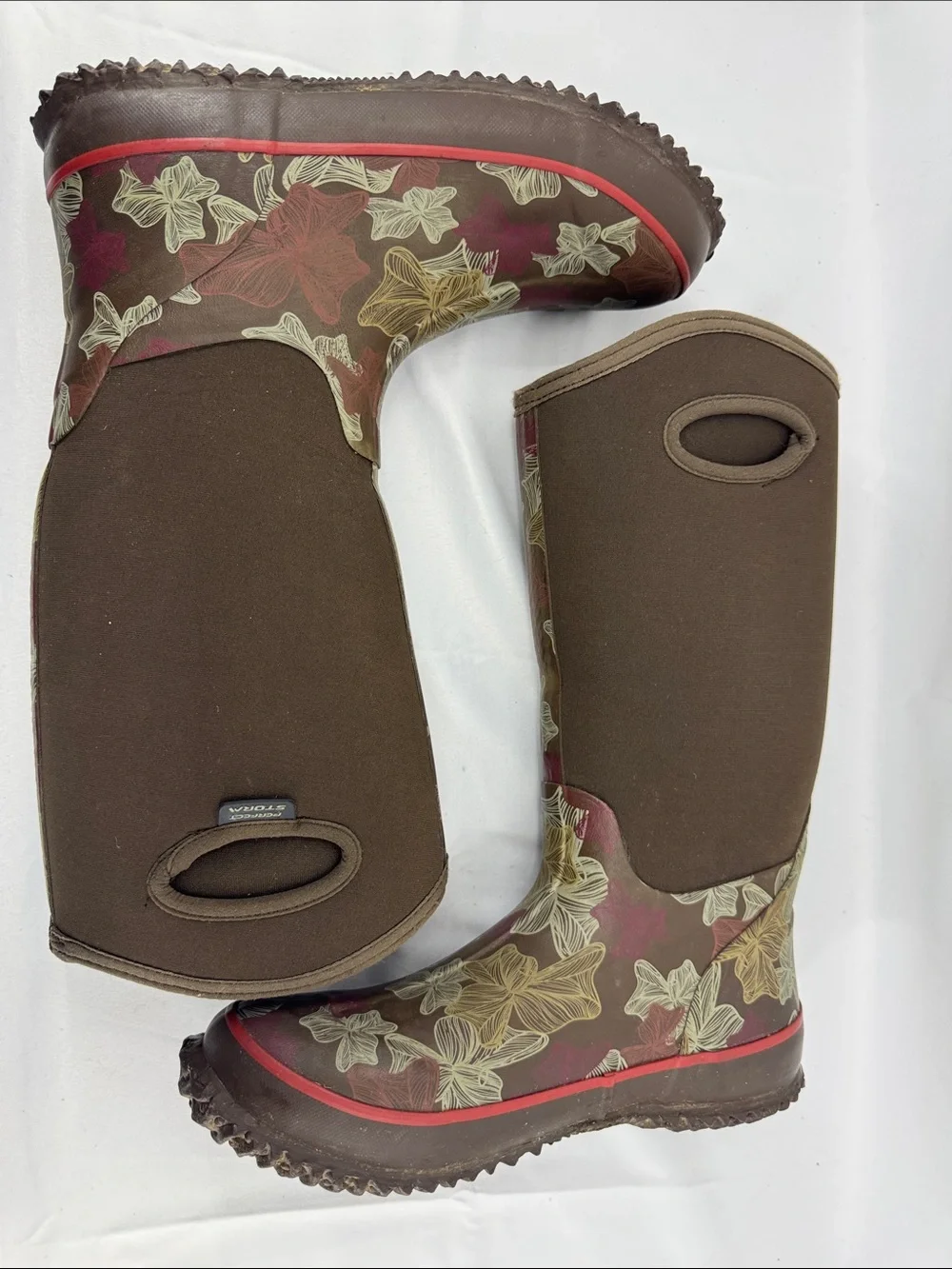 Perfect Storm Cloud High Rubber Neoprene Womens Brown Leaves Rain Work Boots, 8